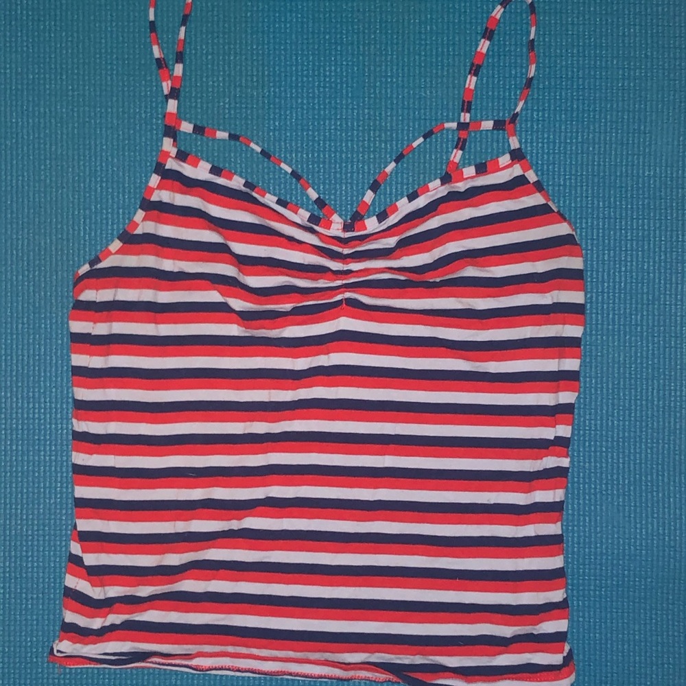 Red and Blue striped cinched cropped tank top